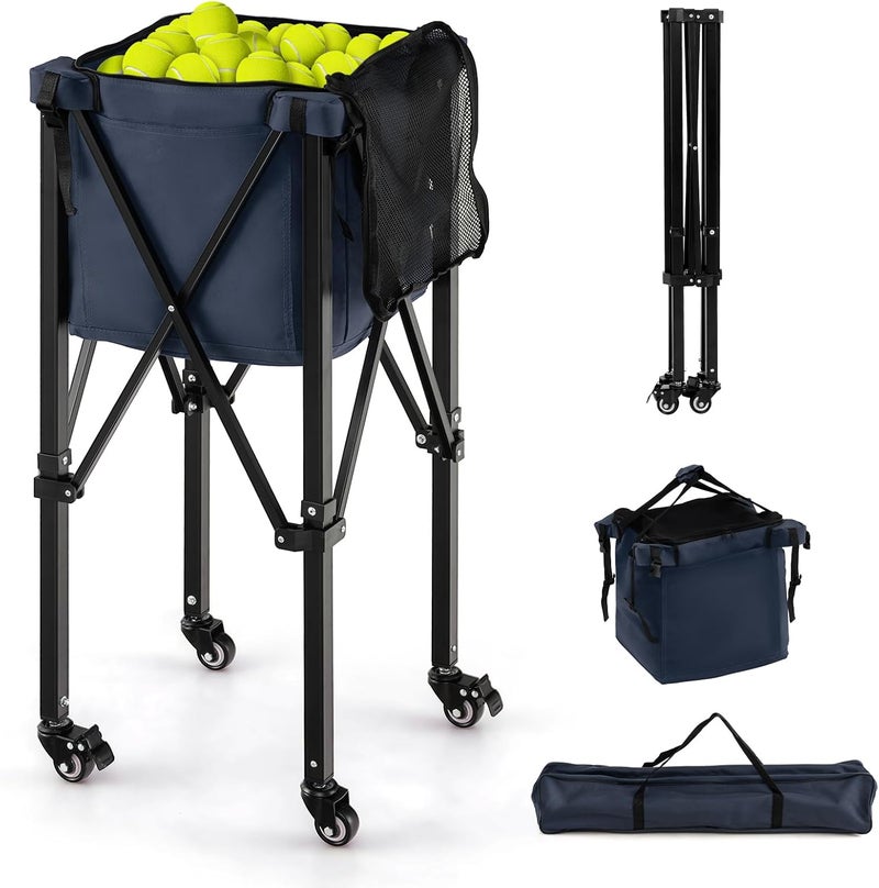 GYMAX Tennis Ball Hopper, Folding 150 Tennis Ball Holder Cart with Carry Bag, Easy Assembly Frame, Removable Bag & 4 Universal Wheels, Portable Durable Tennis Ball Basket for Ball Pickup - Image 1